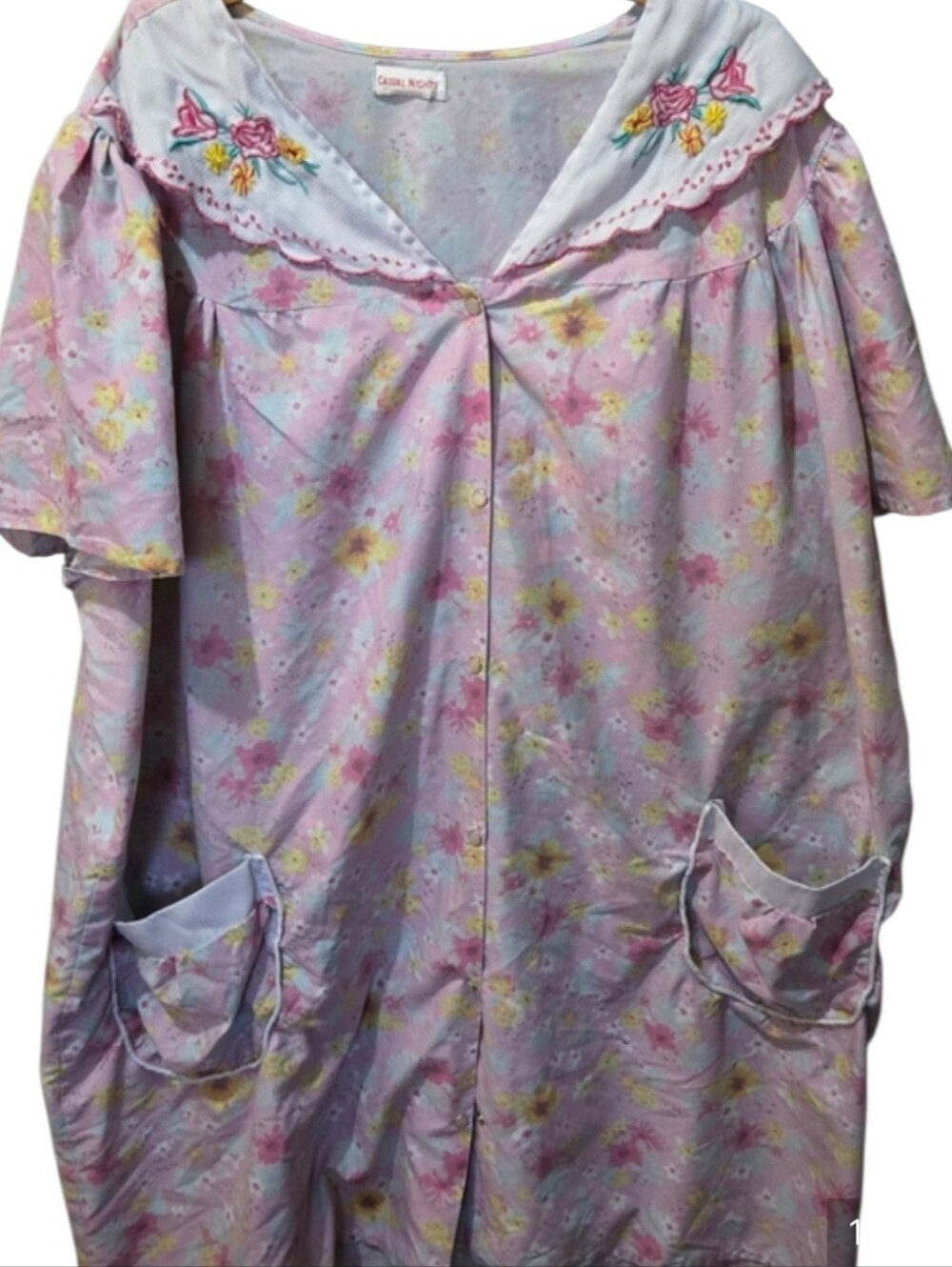 Casual Nights Pink Floral House Dress Snap Front Embroidered Collar Pockets